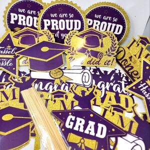 Graduation‎ Party 32 Pc. Purple & Gold Party Decorations with sticks New in Pkg